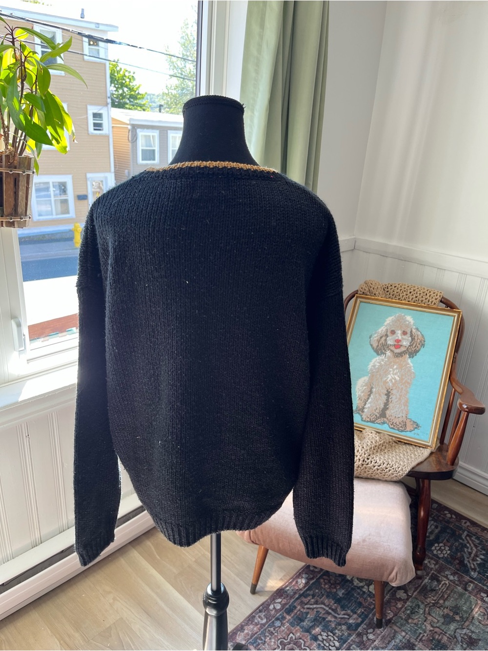 Women’s Vintage Black Floral Knit Sweater with Gold Coin Accents Size L - Picture 3 of 7
